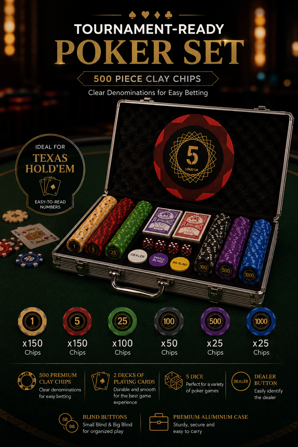 500 Piece Poker Chip Set Texas Holdem Blackjack 14g Heavy Clay Composite Numbered Chips with Case 2 Decks s Dice Dealer Small Bi