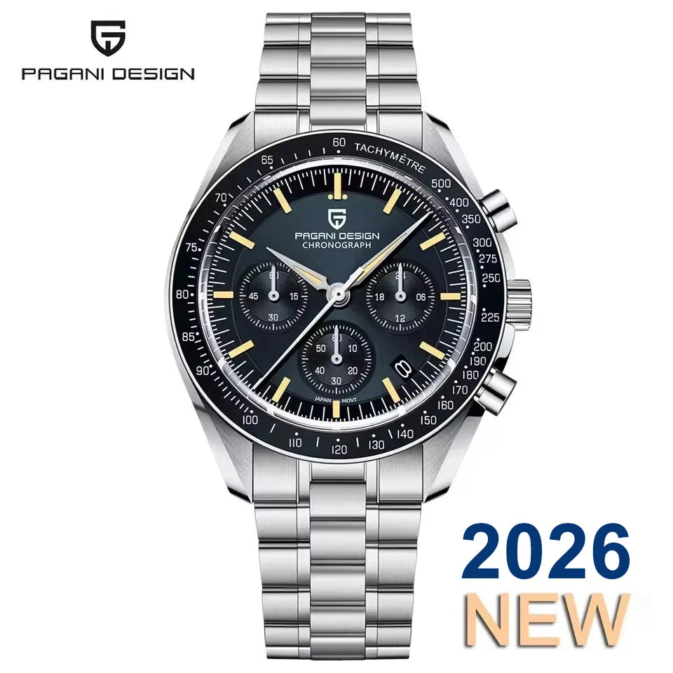PAGANI DESIGN 2026 New Moon Men's Watches Luxury Quartz Watch For Men VK63 Chronograph AR Sapphire Mirror Ceramic Bezel Luminous