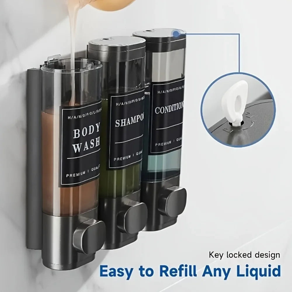300ML*3 ABS Triple Shampoo and Conditioner Dispenser Wall Mounted Soap Dispenser Shower Gel Dispenser No Drilling for Bathroom