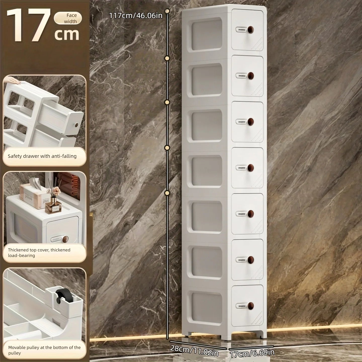 17 cm drawer-type slit storage cabinet, ultra-narrow slit cabinet for refrigerator, multi-layer storage rack for bathroom
