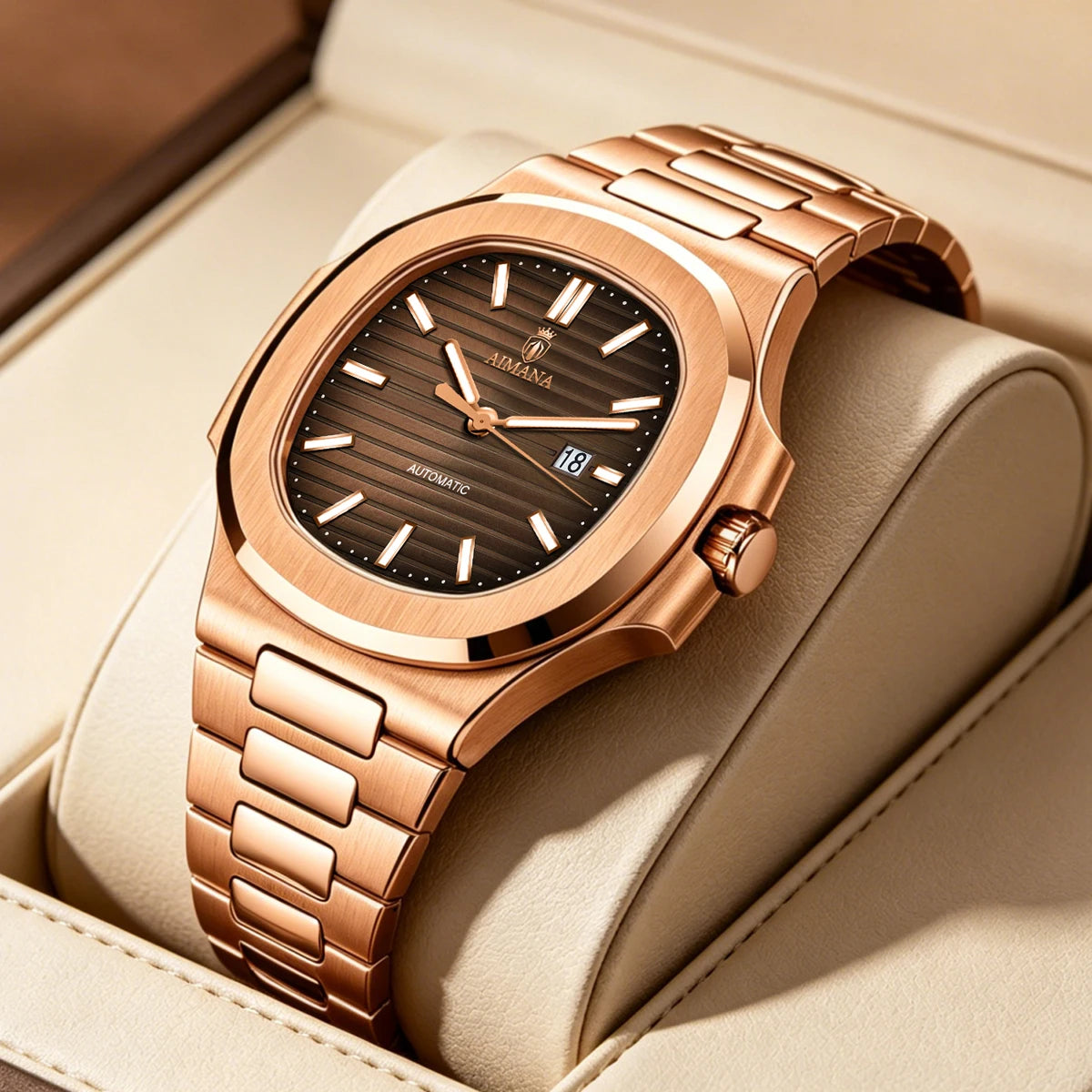 Luxury AIMANA Mens Automatic Watch Stainless Steel Strap Waterproof Luminous Date Calendar Rose Gold Nautilus Style Business Cas
