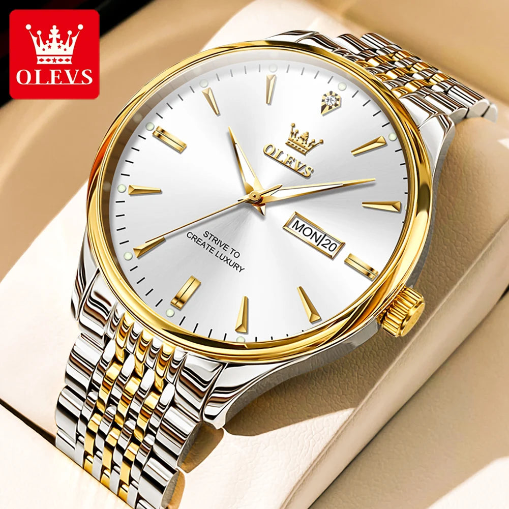OLEVS 2929 Men Quartz Watch Original Waterproof Business Man Wristwatch Steel Strap Dual Calendar Luminous Fashion Watch For Men