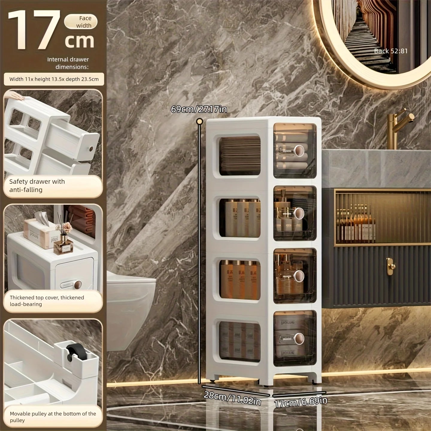 17 cm drawer-type slit storage cabinet, ultra-narrow slit cabinet for refrigerator, multi-layer storage rack for bathroom