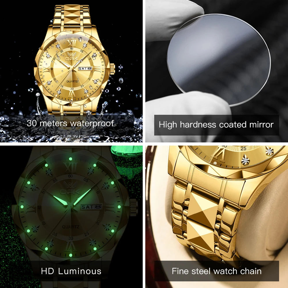OPK Brand men's steel strap quartz watch dual calendar waterproof night light 6023