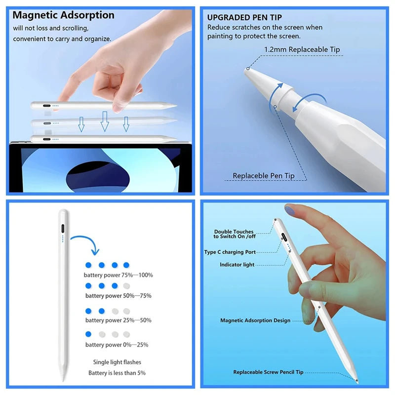 For Apple Pencil 2 1 Palm Rejection Power Display iPad Accessories iPad 2022 2021 2020 2019 2018 Pro 11 12.9 Air Mini Stylus Pe