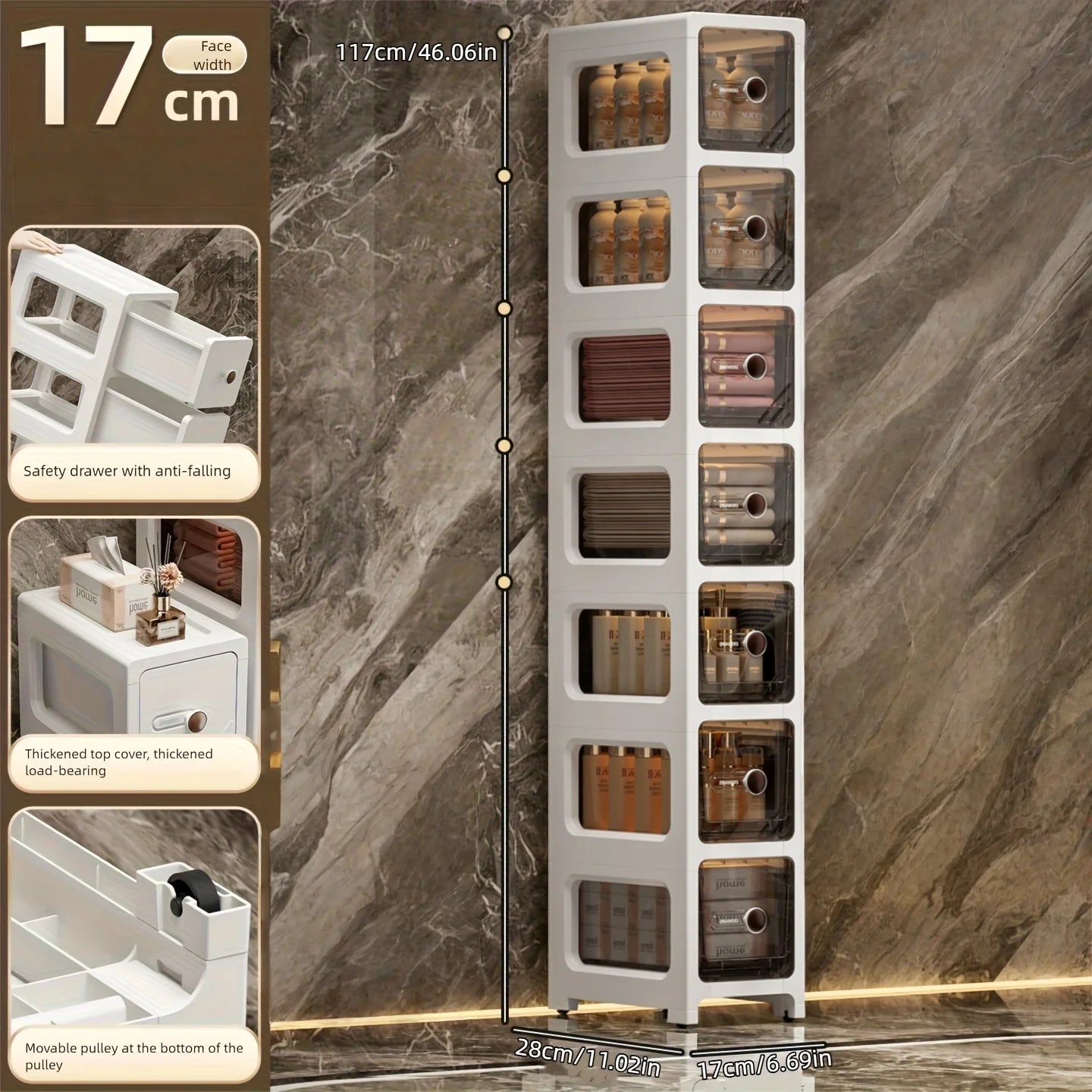 17 cm drawer-type slit storage cabinet, ultra-narrow slit cabinet for refrigerator, multi-layer storage rack for bathroom
