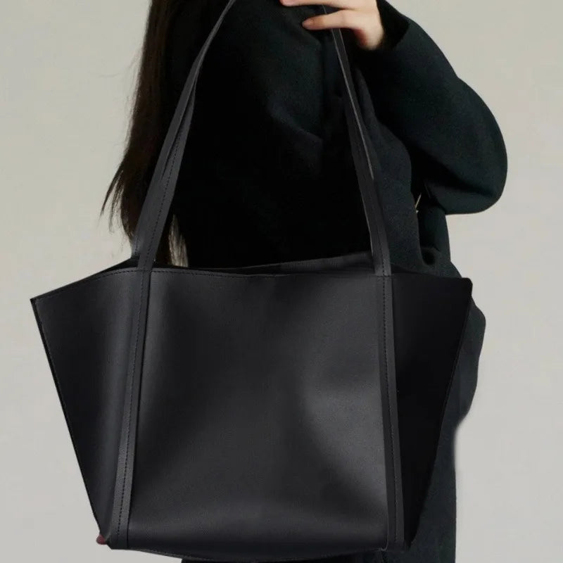 Women's Large Capacity Lightweight Tote Bag Elegant Black Synthetic Shoulder Bag, Spacious Work Travel Handbag for Everyday Use