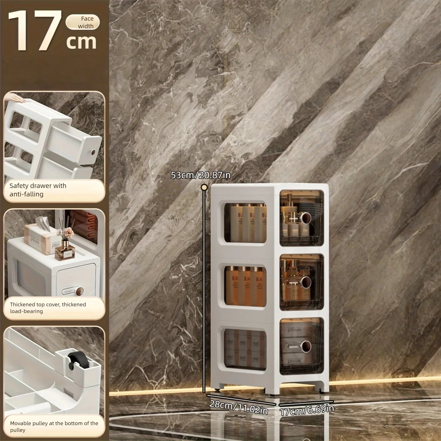 17 cm drawer-type slit storage cabinet, ultra-narrow slit cabinet for refrigerator, multi-layer storage rack for bathroom