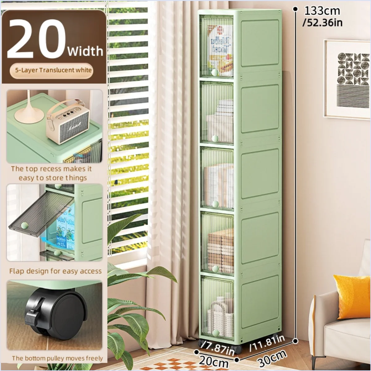 20cm-Flip lid slit storage cabinet, kitchen slit shelf, bathroom multi-layer plastic snack cabinet, narrow-edge storage cabinet
