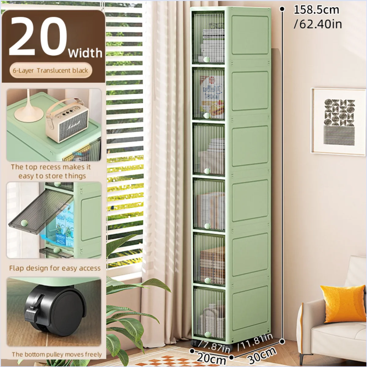 20cm-Flip lid slit storage cabinet, kitchen slit shelf, bathroom multi-layer plastic snack cabinet, narrow-edge storage cabinet