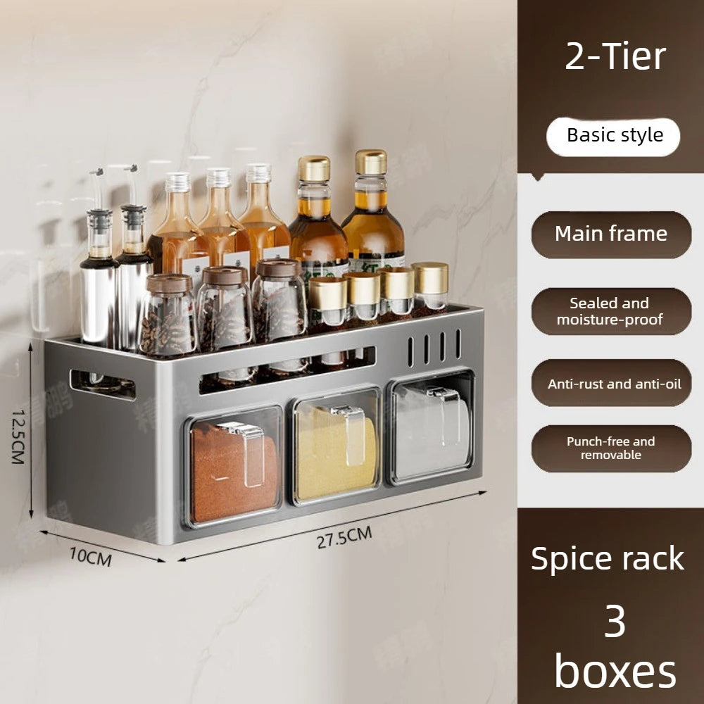 No-Drill Kitchen Multifunctional Seasoning Storage Organizer Wall Mounted Carbon Steel Hanging Rack Pull-Out Spice Jar Holder