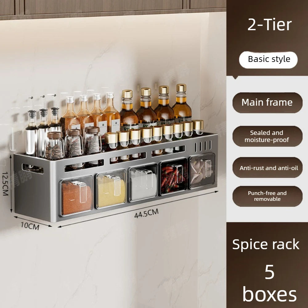 No-Drill Kitchen Multifunctional Seasoning Storage Organizer Wall Mounted Carbon Steel Hanging Rack Pull-Out Spice Jar Holder