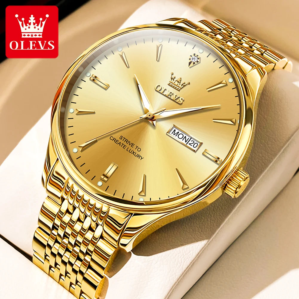 OLEVS 2929 Men Quartz Watch Original Waterproof Business Man Wristwatch Steel Strap Dual Calendar Luminous Fashion Watch For Men