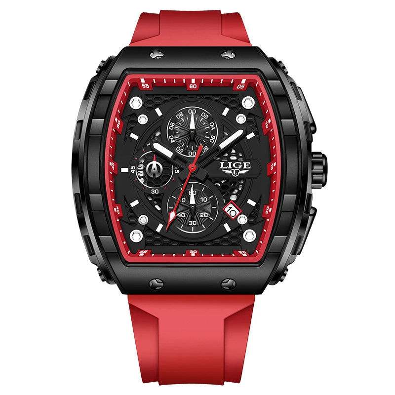 LIGE Waterproof Watches For Men Original Brand Luxury Silicone Square Men's Quartz Wristwatch Fashion Military Chronograph Male