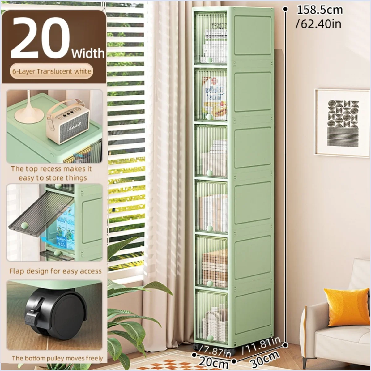 20cm-Flip lid slit storage cabinet, kitchen slit shelf, bathroom multi-layer plastic snack cabinet, narrow-edge storage cabinet