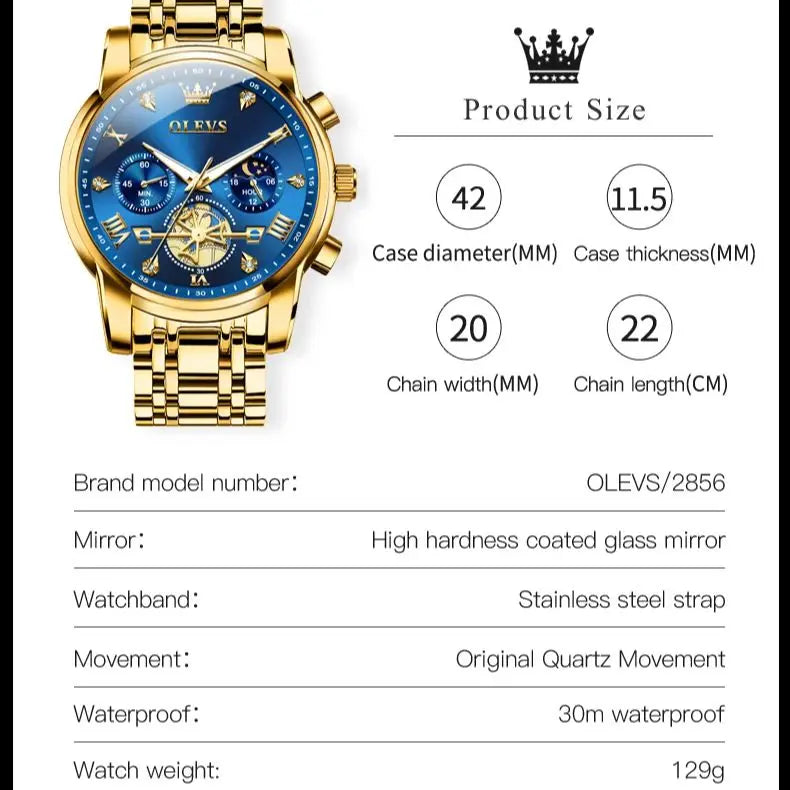 OLEVS Men's Watches Classic Multifunctional Flywheel Design Stainless steel Waterproof Moon Phase Men's Wristwatches 2024 Trend