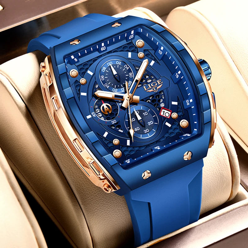 LIGE Waterproof Watches For Men Original Brand Luxury Silicone Square Men's Quartz Wristwatch Fashion Military Chronograph Male