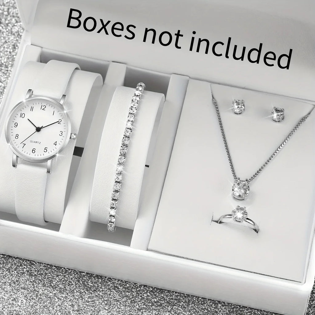 5/6PCS Fashion Women's Quartz Watch Leather Band Analog Quartz Watches with Diamond Jewelry (Without Box)