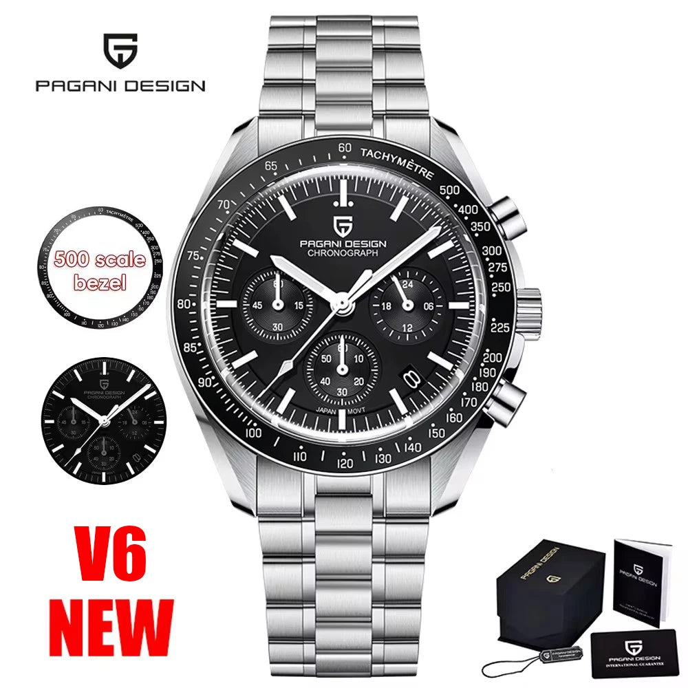 PAGANI DESIGN 2026 New Moon Men's Watches Luxury Quartz Watch For Men VK63 Chronograph AR Sapphire Mirror Ceramic Bezel Luminous