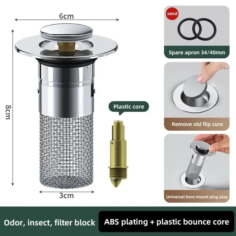 1PCS Washbasin Leak Plug, Stainless Steel Odor Proof Bouncing Core, Press Type Sink Drain, Universal Accessory for Washbasin