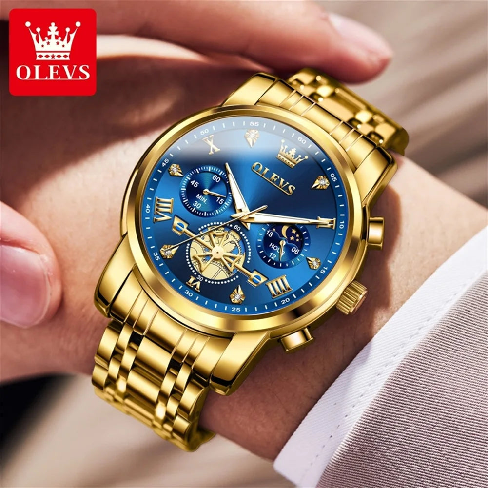 OLEVS Men's Watches Classic Multifunctional Flywheel Design Stainless steel Waterproof Moon Phase Men's Wristwatches 2024 Trend