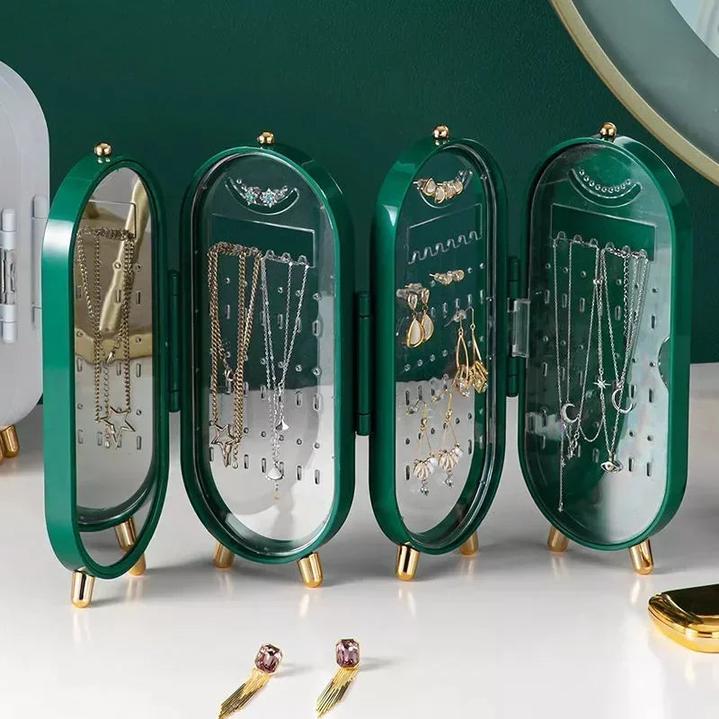 Vintage Elegant Foldable Jewelry Organizer Box - Multi-Layer with Mirror Green & Gold Accents Necklace Earring Storage Case