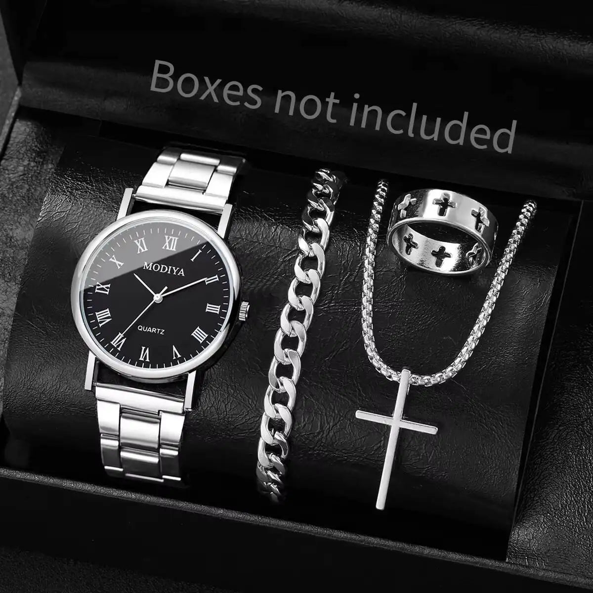 4PCS/Set Fashion Men Business Watches Simple Roma Dial Quartz Wristwatch Jewelry Set Reloj Hombre（Without Box）