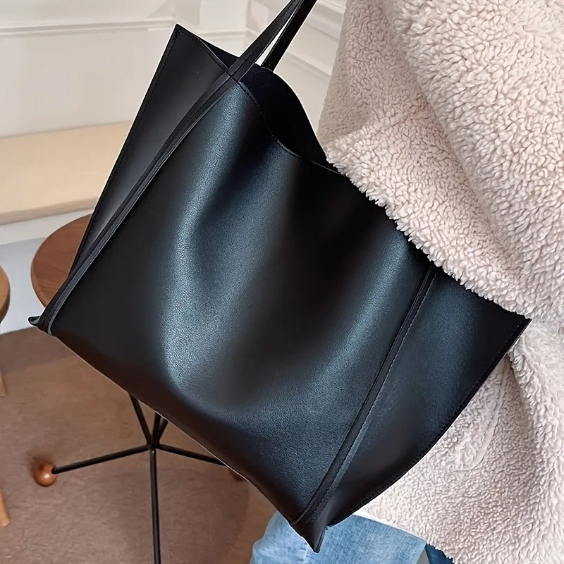 Women's Large Capacity Lightweight Tote Bag Elegant Black Synthetic Shoulder Bag, Spacious Work Travel Handbag for Everyday Use
