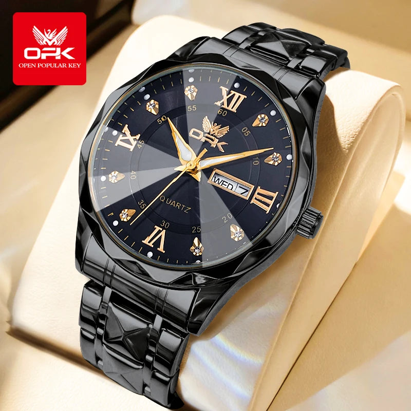 OPK Brand men's steel strap quartz watch dual calendar waterproof night light 6023