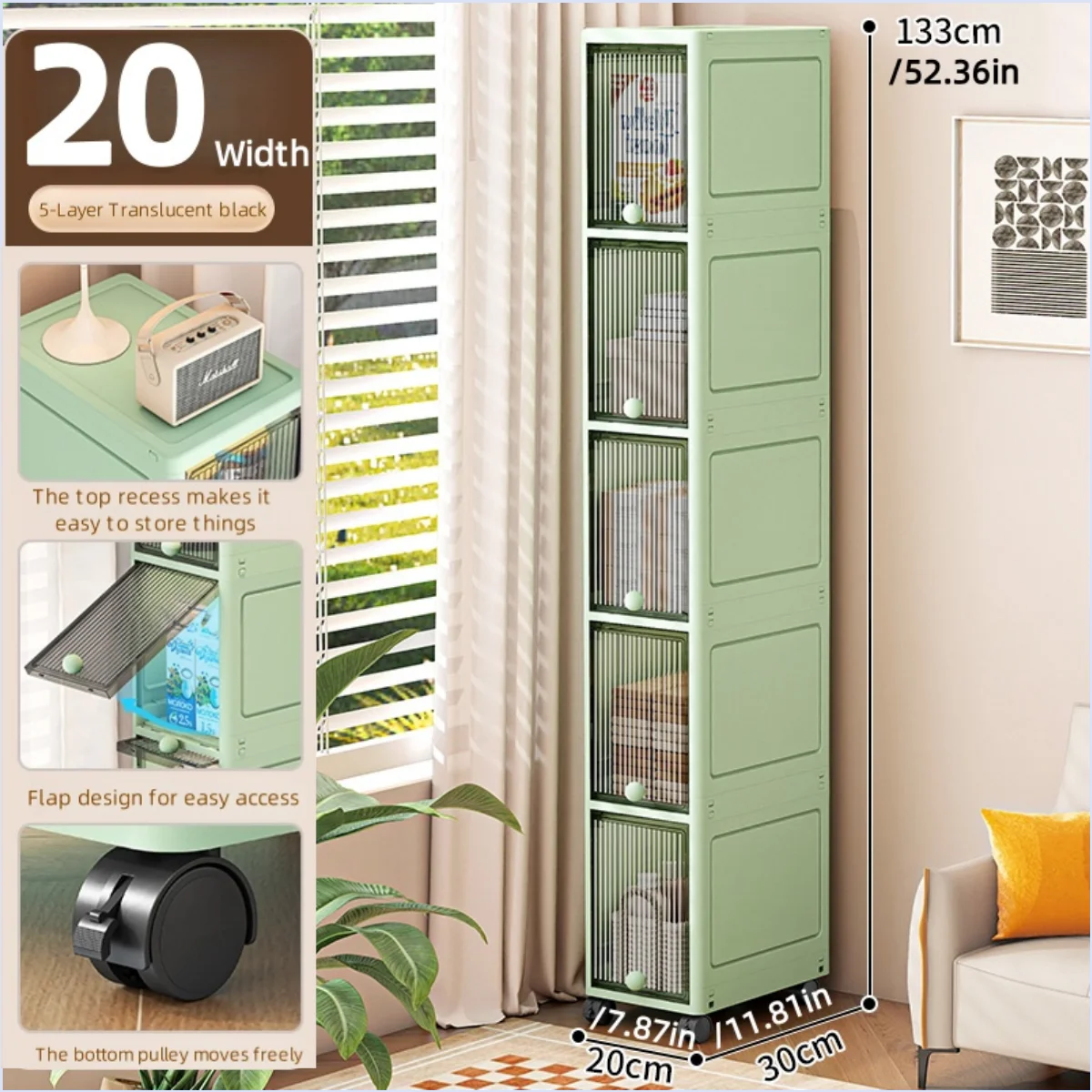 20cm-Flip lid slit storage cabinet, kitchen slit shelf, bathroom multi-layer plastic snack cabinet, narrow-edge storage cabinet