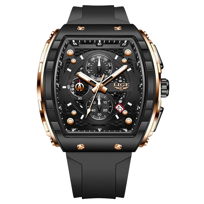 LIGE Waterproof Watches For Men Original Brand Luxury Silicone Square Men's Quartz Wristwatch Fashion Military Chronograph Male