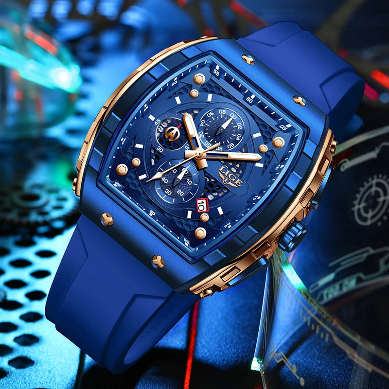 LIGE Waterproof Watches For Men Original Brand Luxury Silicone Square Men's Quartz Wristwatch Fashion Military Chronograph Male